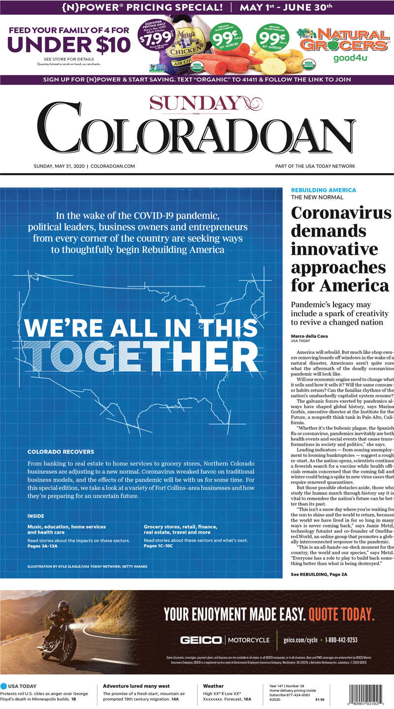 The front page of the Coloradoan, one of Gannett’s newspapers that participated in the Rebuilding America initiative on Sunday, May 31, 2020.